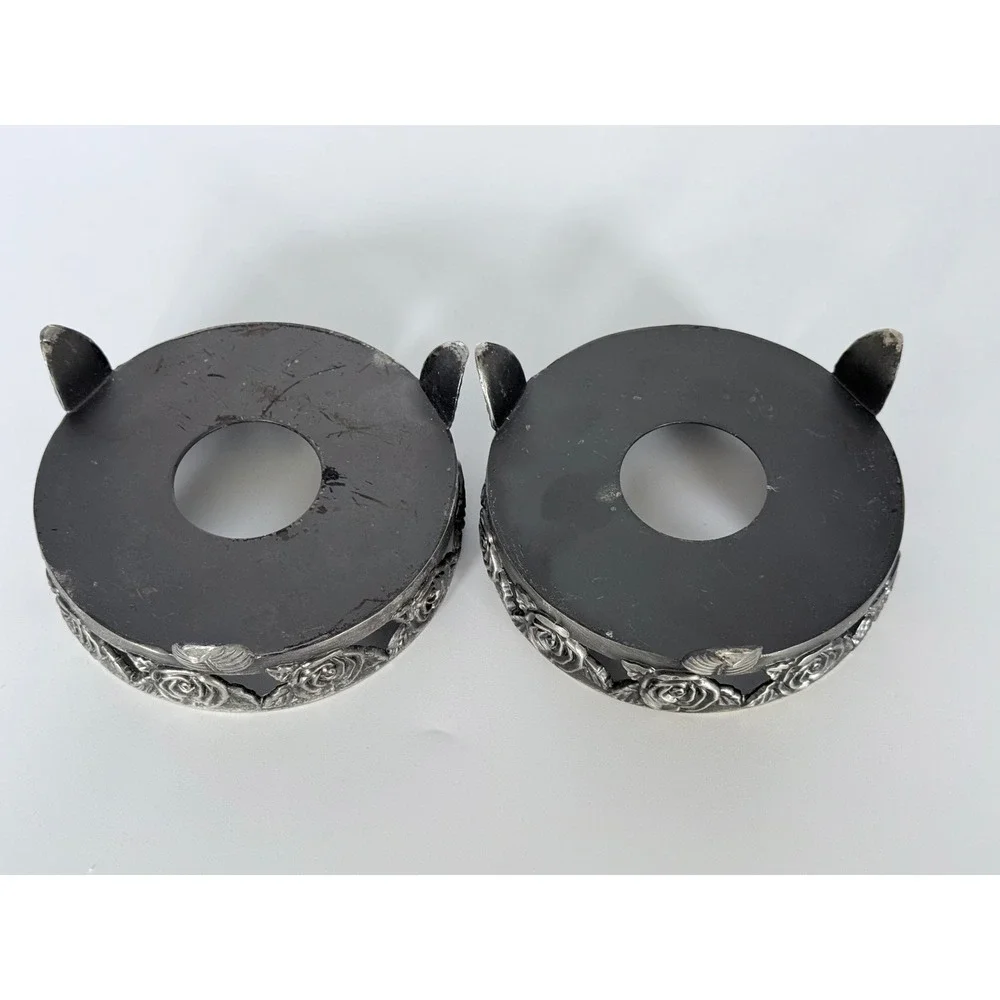 2 Silver Tone Metal Rose Candle Ring Base Holder Stand Holds 4